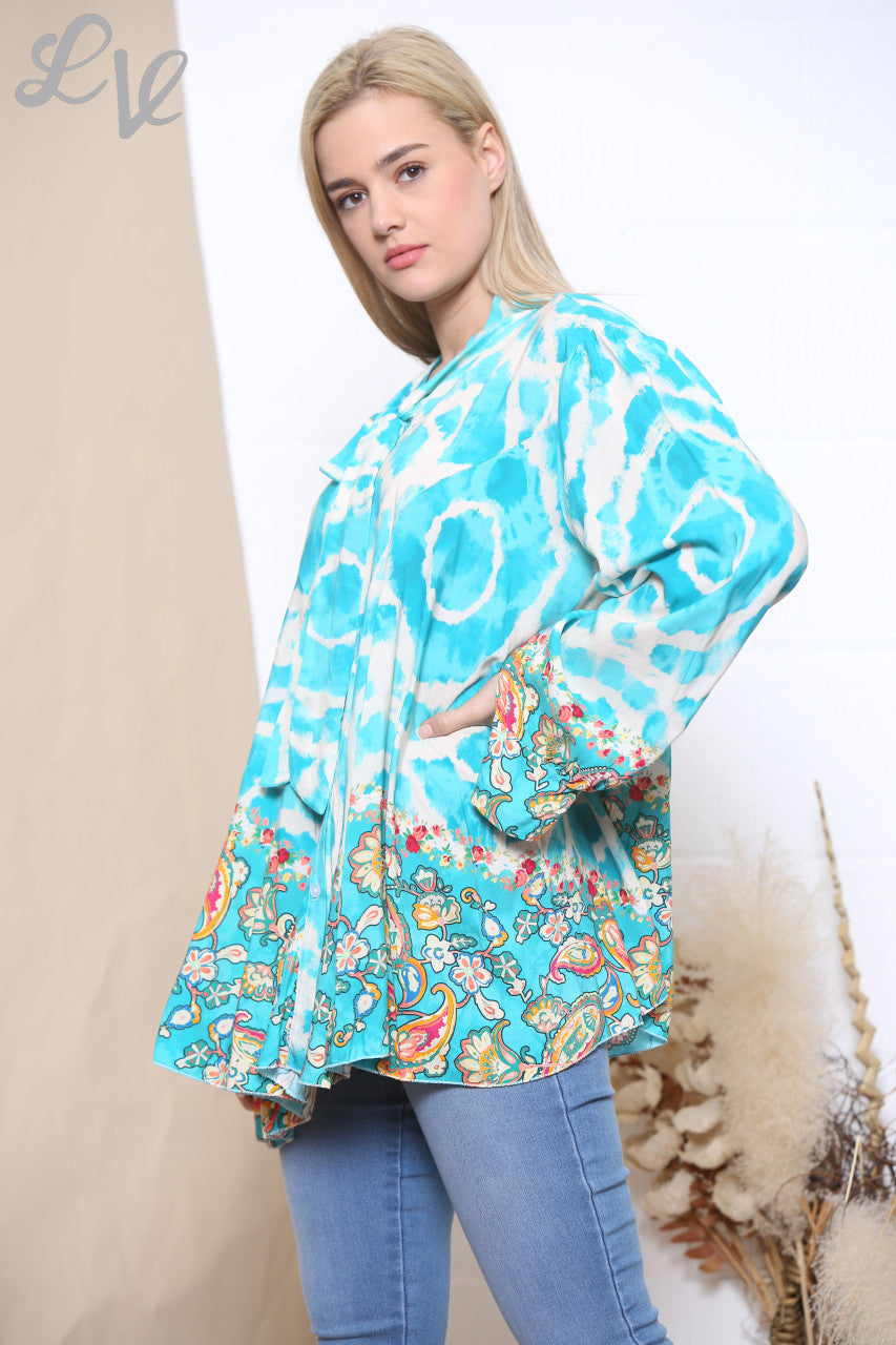 Dames Tie Dye Blouse met Bloemenprint, Strikkraag en Strik onderaan, Turquoise