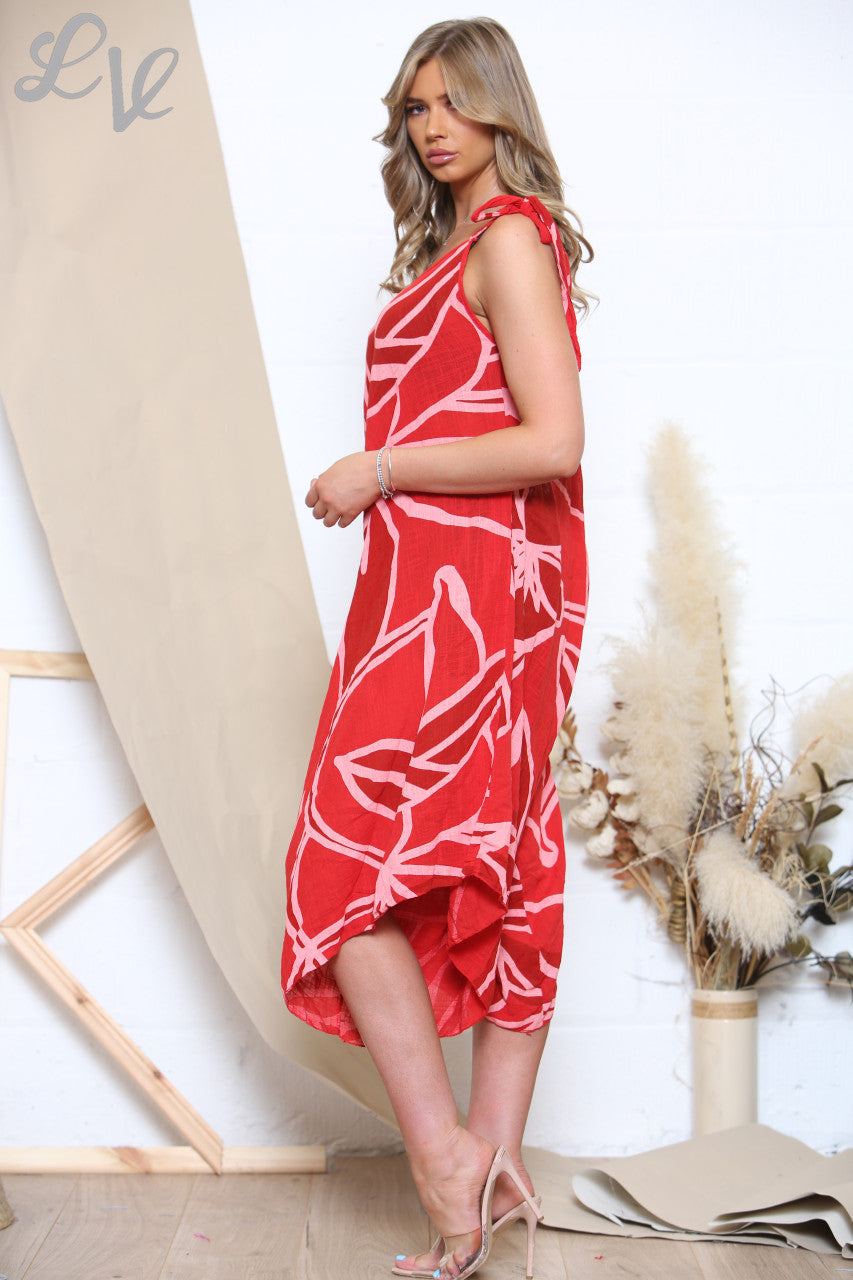 Ladies Tie Shoulder Abstract Floral Print Jumpsuit Red