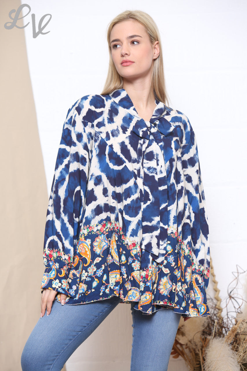 Ladies Tie Dye Print Floral Bottom Tie Neck Blouse Navy