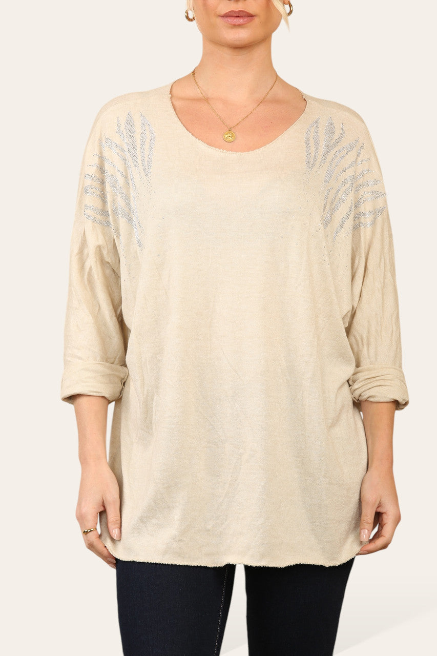 TIGER DIMANTE SHOULDER FINE KNIT JUMPER TOP BEIGE