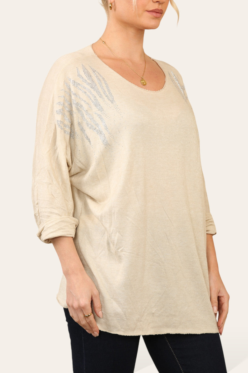TIGER DIMANTE SHOULDER FINE KNIT JUMPER TOP BEIGE