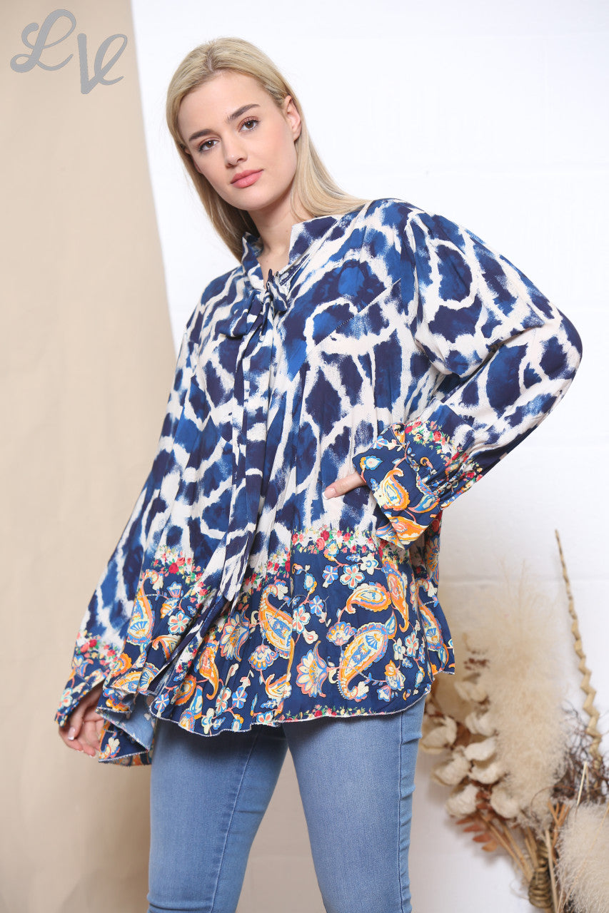 Ladies Tie Dye Print Floral Bottom Tie Neck Blouse Navy
