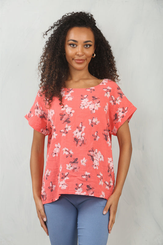 BLOSSOM PRINT TOP CORAL