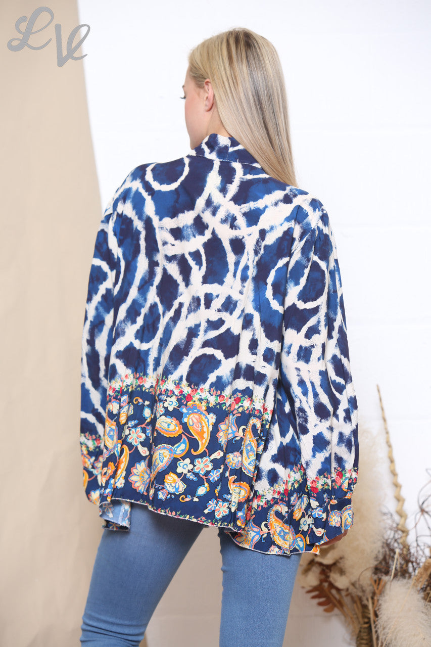 Ladies Tie Dye Print Floral Bottom Tie Neck Blouse Navy