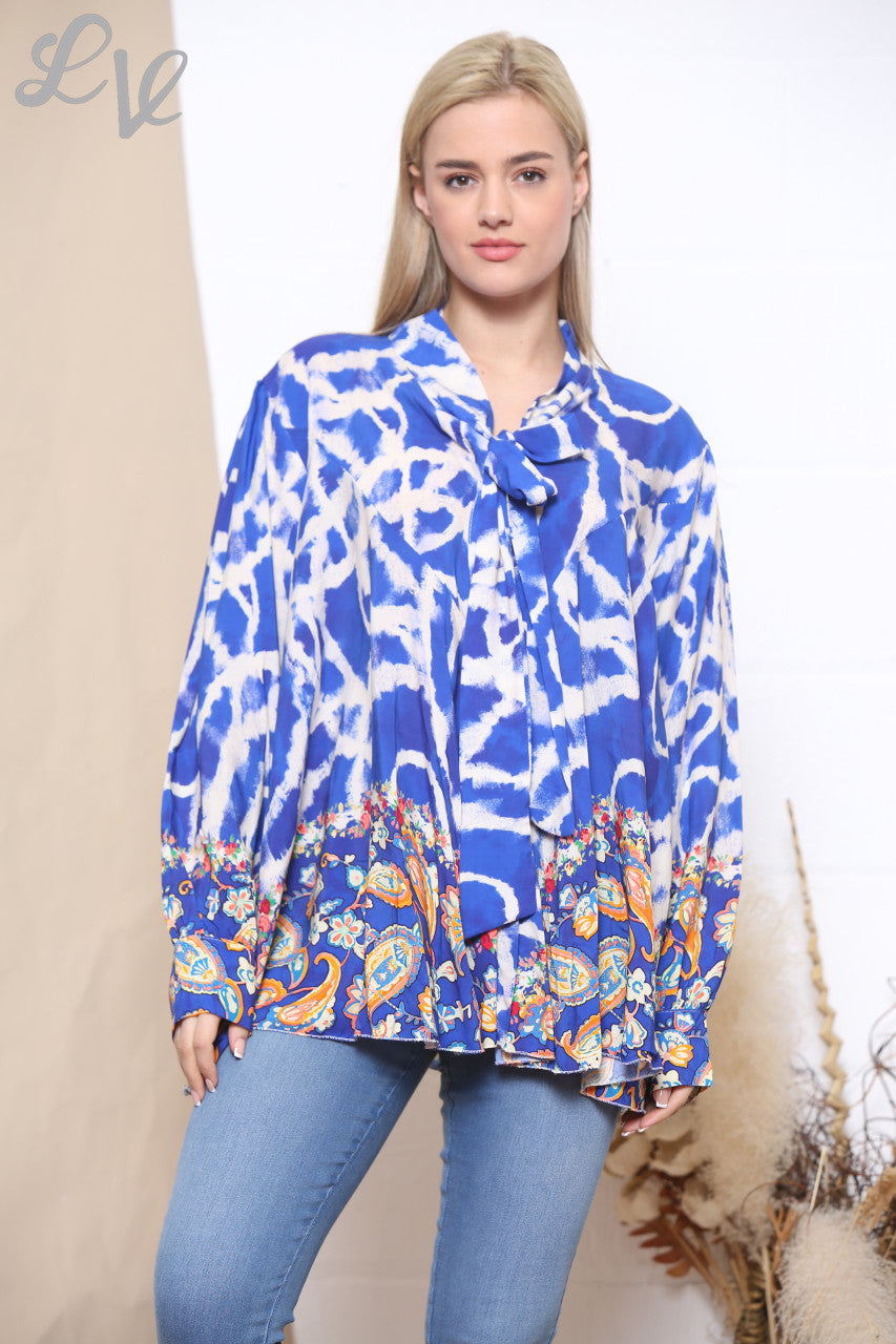 Dames tie-dye print bloemenblouse met strikceintuur koningsblauw