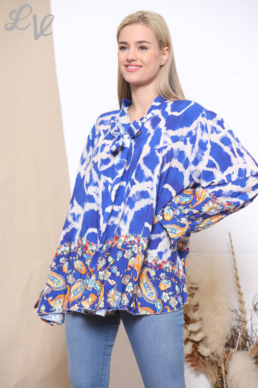 Dames tie-dye print bloemenblouse met strikceintuur koningsblauw