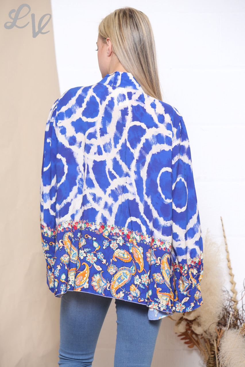 Dames tie-dye print bloemenblouse met strikceintuur koningsblauw