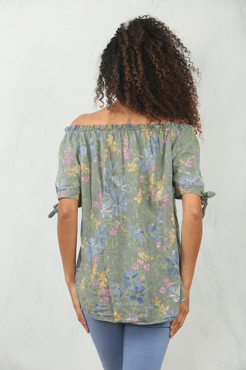 DITSY BLOEMEN MIX PRINT OFF SHOULDER BARDOT TOP KAKI