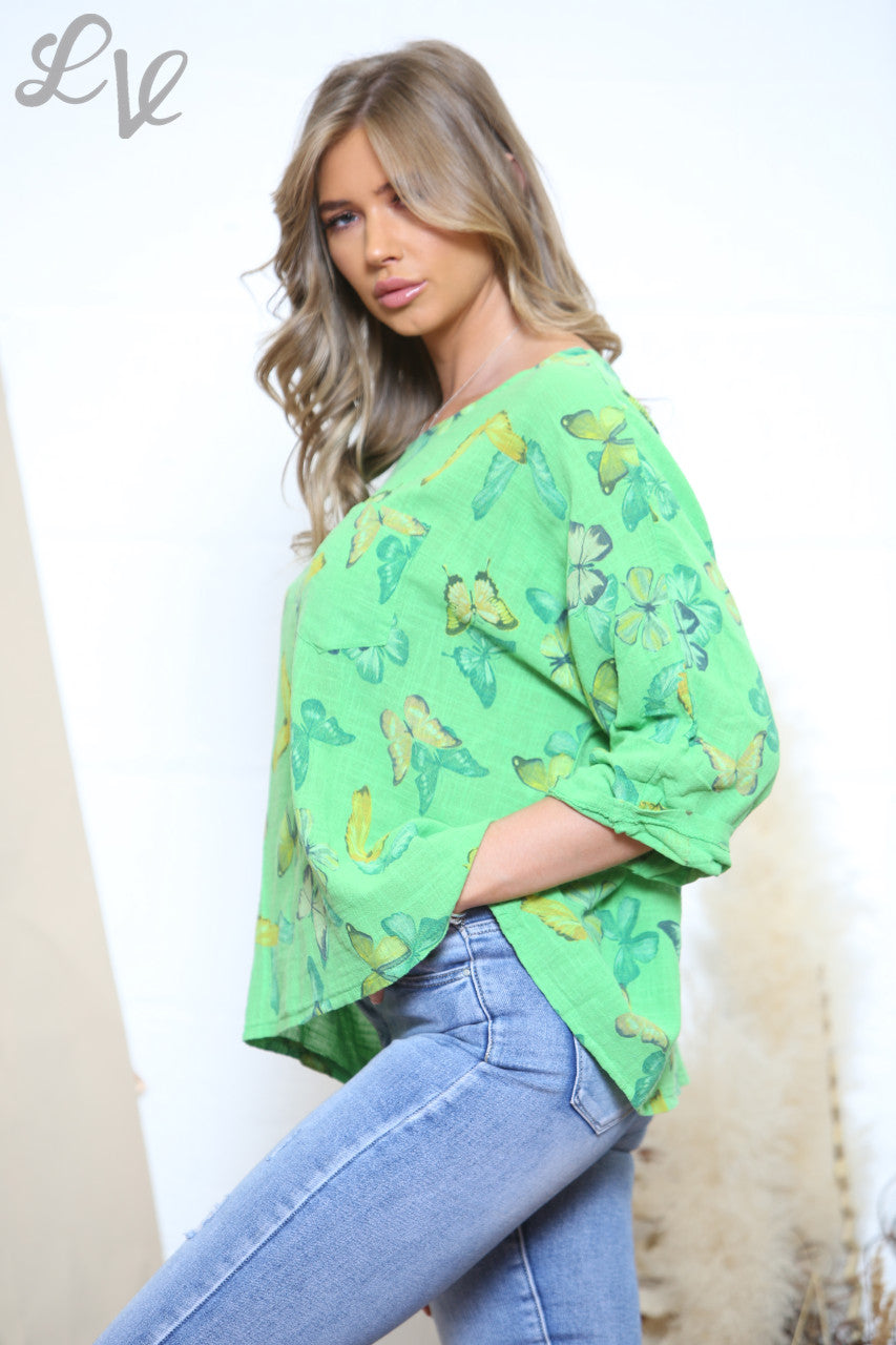 Ladies Butterfly Print Box Top Green