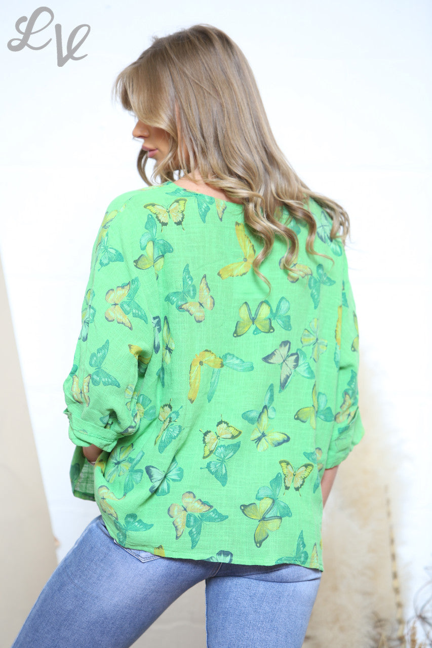 Ladies Butterfly Print Box Top Green