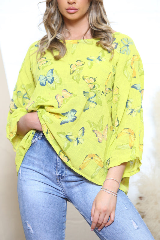 Ladies Butterfly Print Box Top Mustard