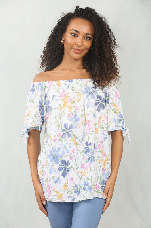 DITSY FLORAL MIX PRINT OFF THE SHOULDER BARDOT TOP WHITE