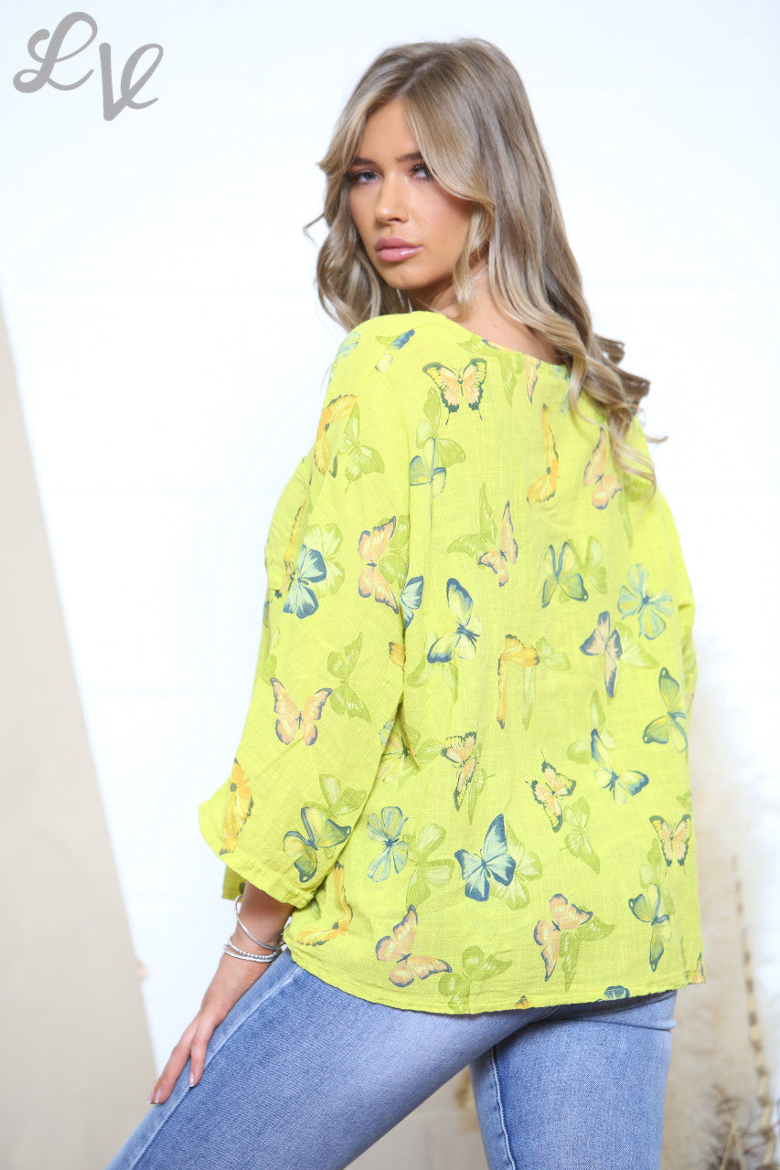 Ladies Butterfly Print Box Top Mustard