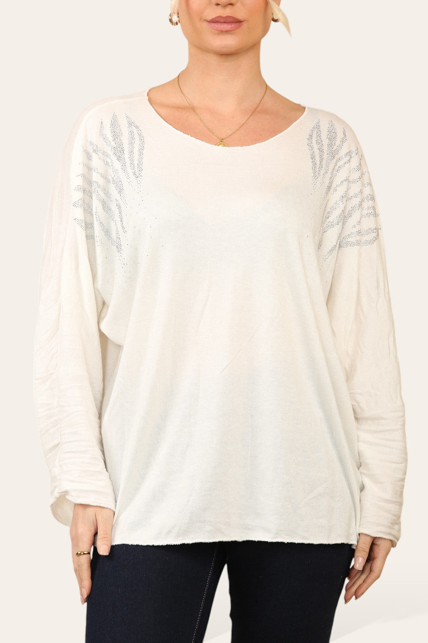 TIGER DIMANTE SHOULDER FINE KNIT JUMPER TOP CREAM