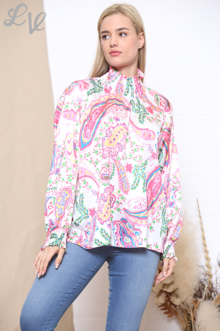 Ladies Multicoloured Paisley Print Gathered Neck Blouse Cerise