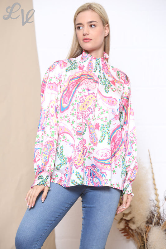 Ladies Multicoloured Paisley Print Gathered Neck Blouse Cerise