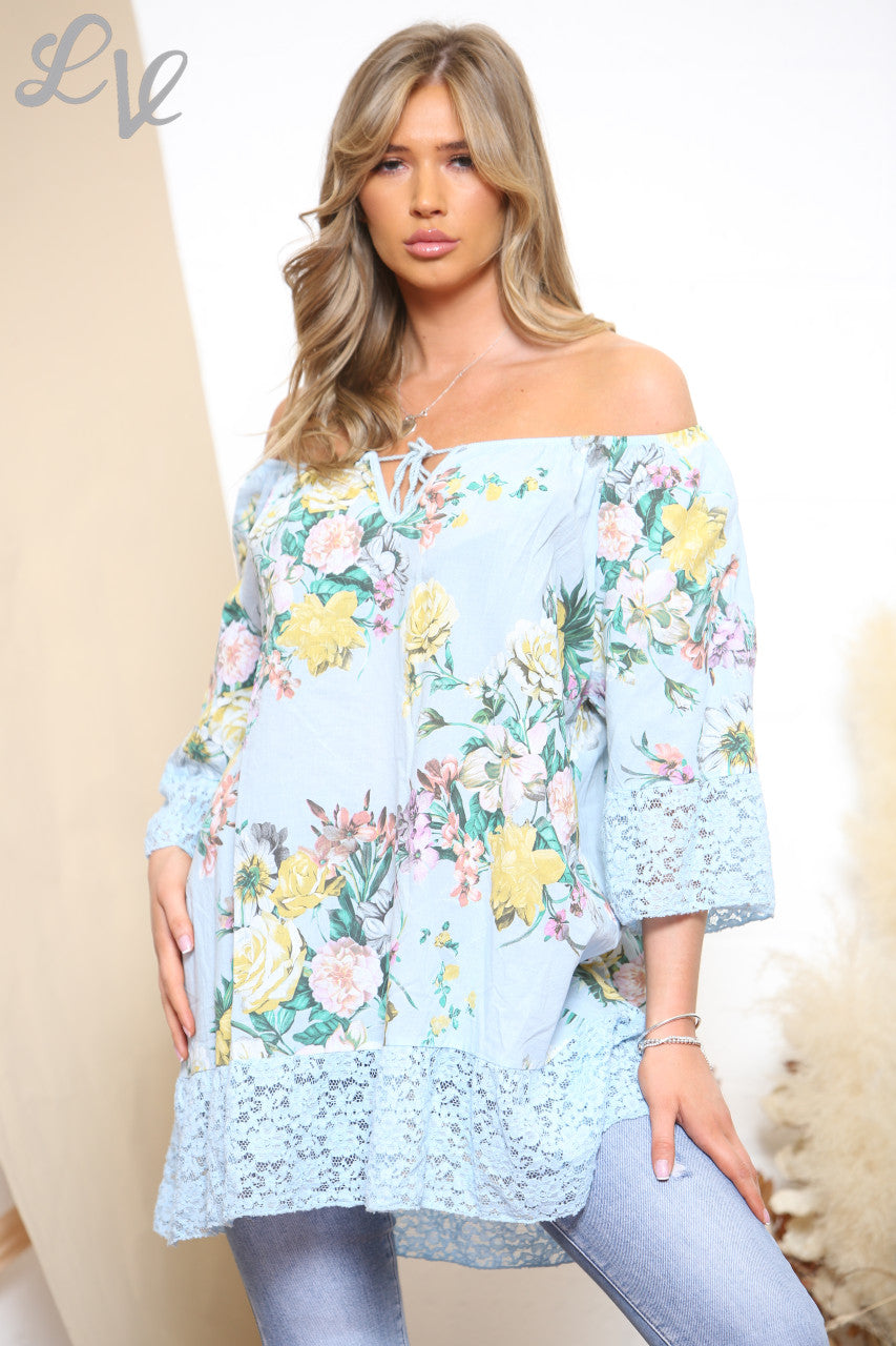 Dames Bardot Top met Bloemenprint Lichtblauw