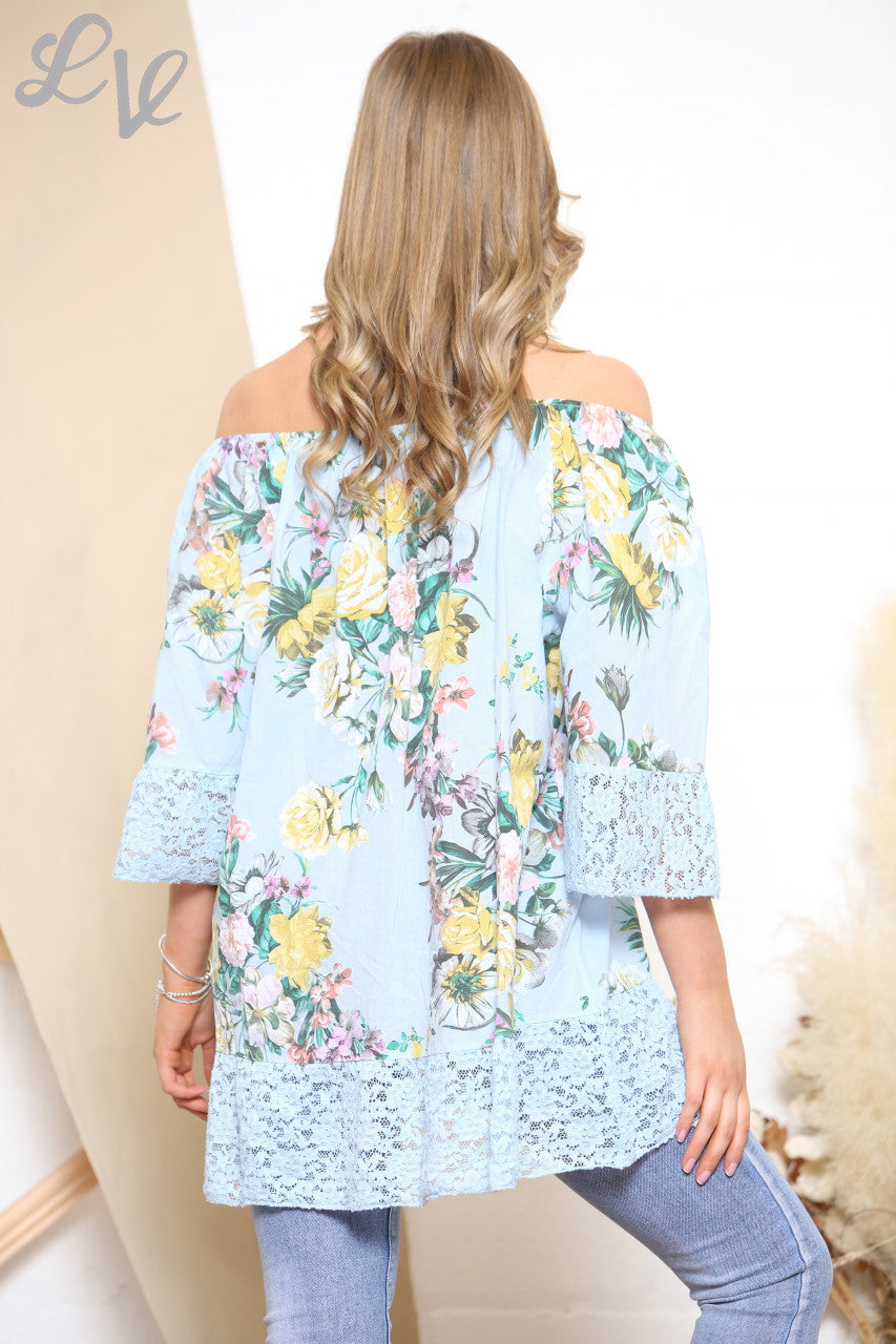Dames Bardot Top met Bloemenprint Lichtblauw