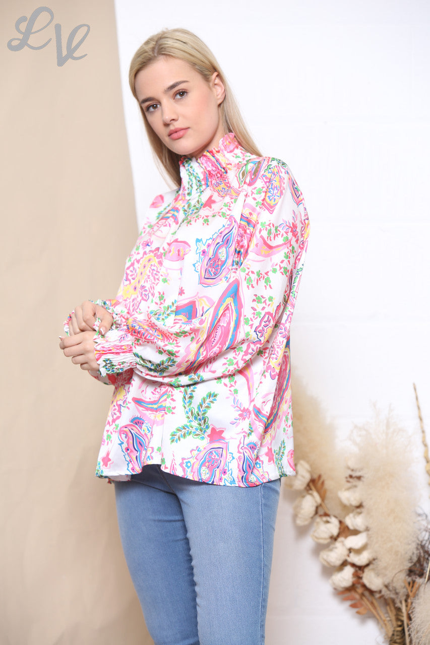 Ladies Multicoloured Paisley Print Gathered Neck Blouse Cerise