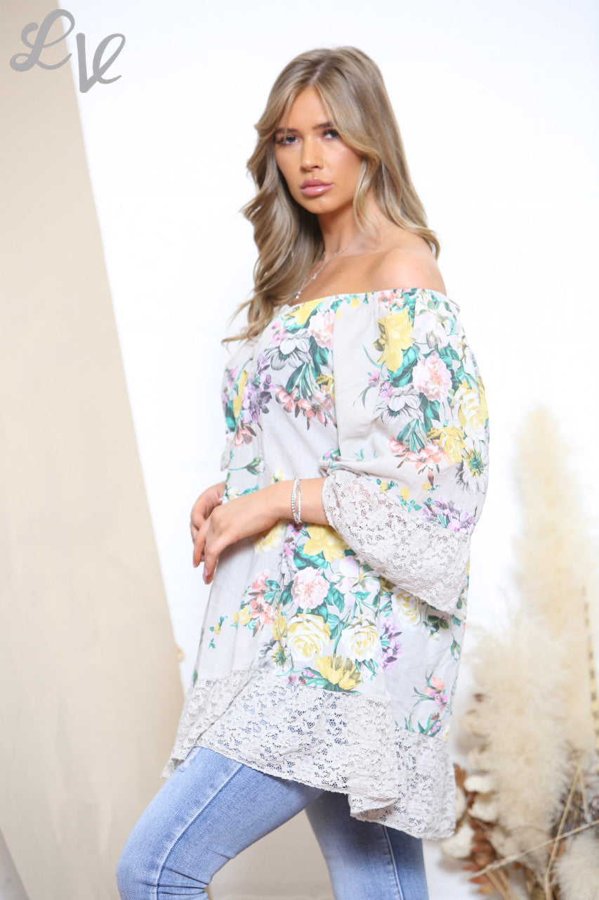 Dames top met bloemenprint in Bardot-stijl - Stone