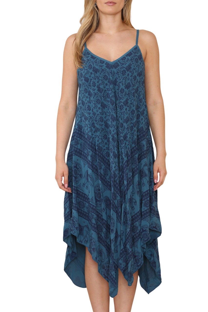Ladies Boho & Elephant Hem Print Strappy Dress Teal