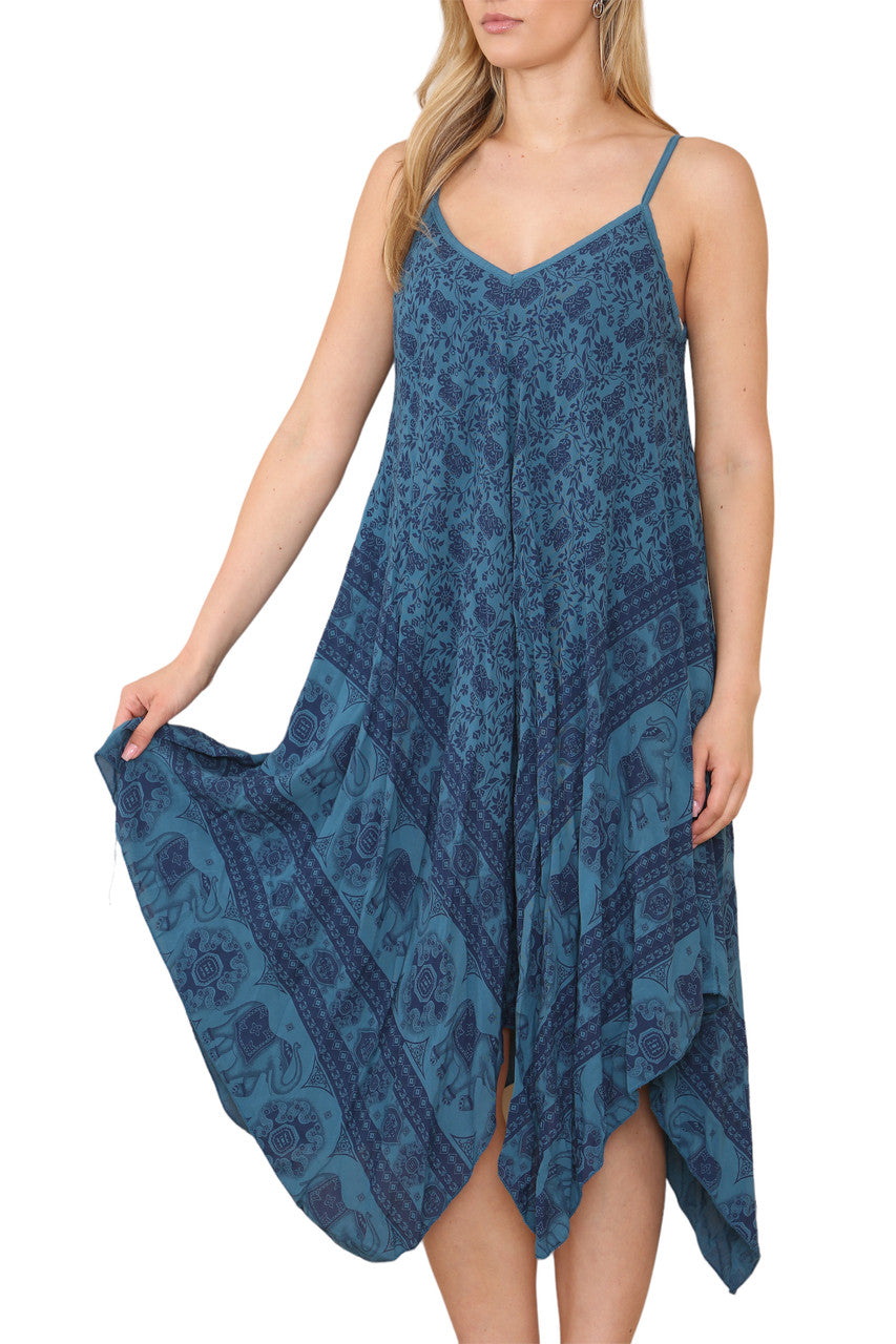 Ladies Boho & Elephant Hem Print Strappy Dress Teal