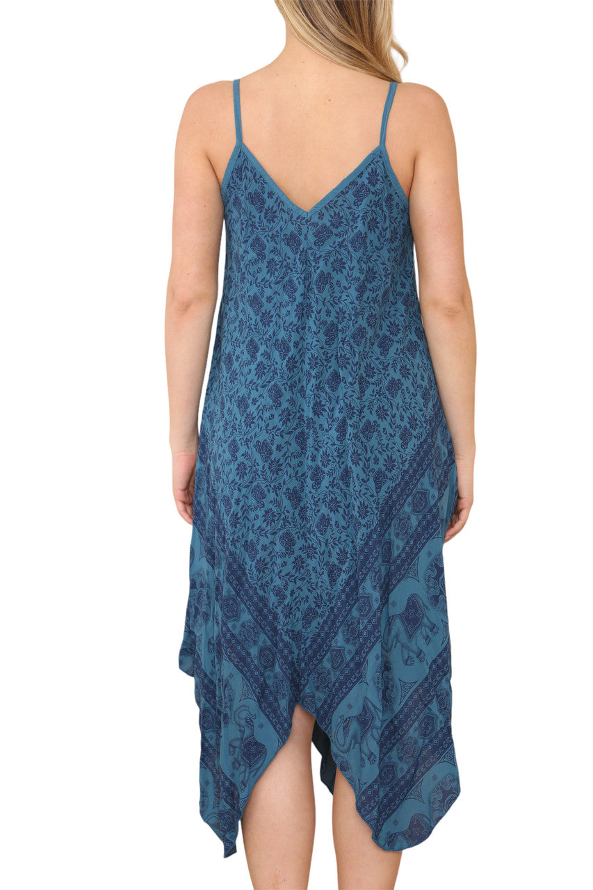 Ladies Boho & Elephant Hem Print Strappy Dress Teal