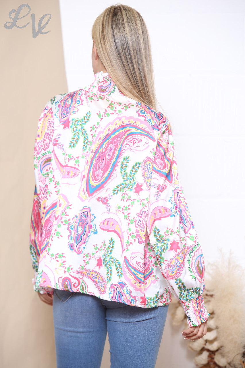Ladies Multicoloured Paisley Print Gathered Neck Blouse Cerise
