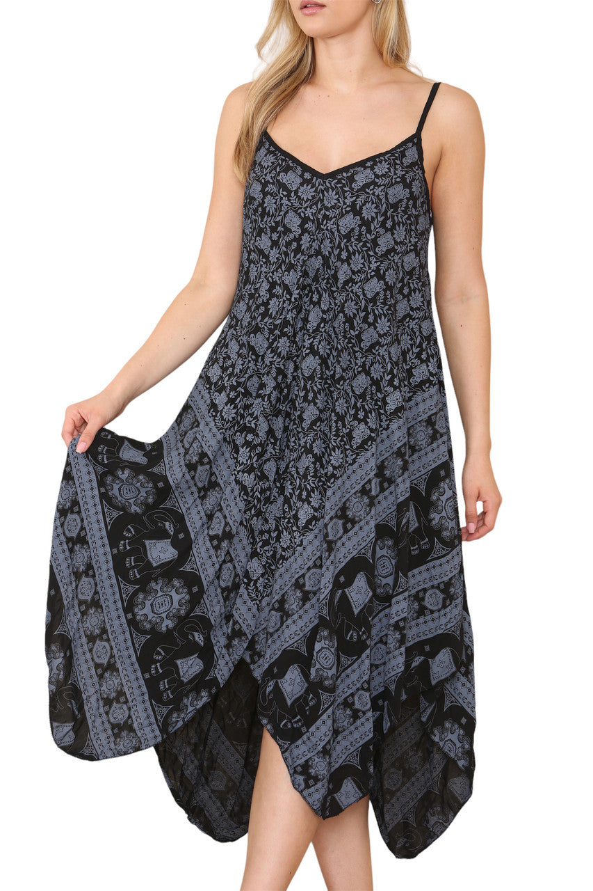 Ladies Boho & Elephant Hem Print Strappy Dress Black