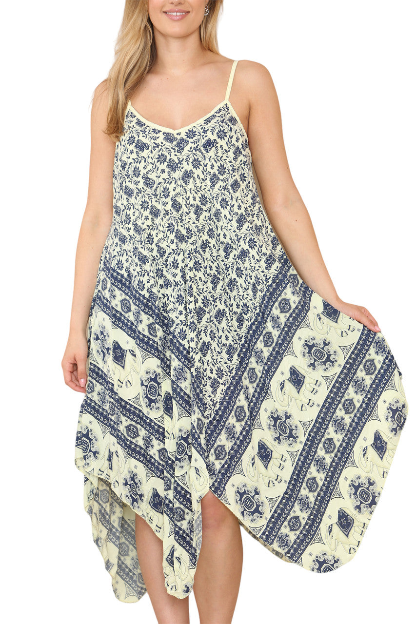 Ladies Boho & Elephant Hem Print Strappy Dress Yellow