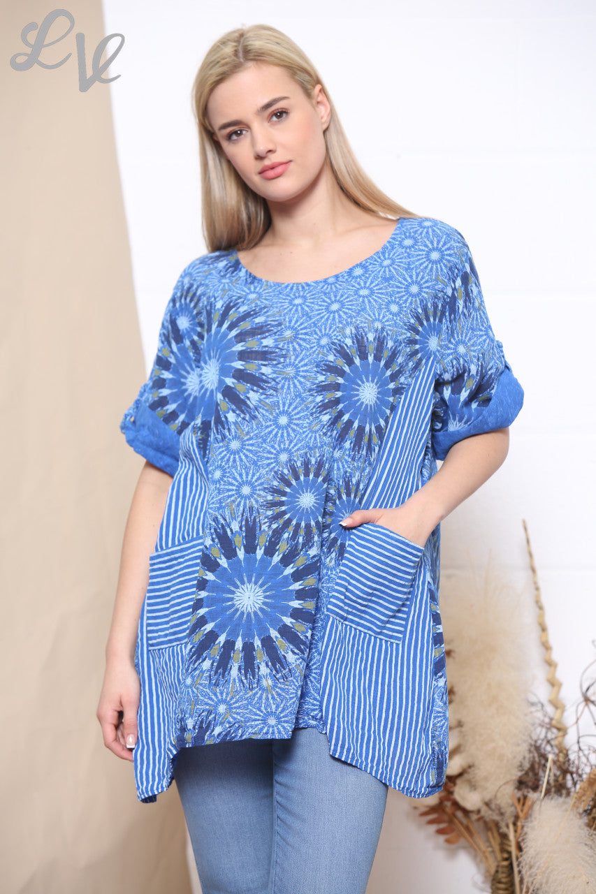 Ladies Firework & Stripe Print Top Royal Blue
