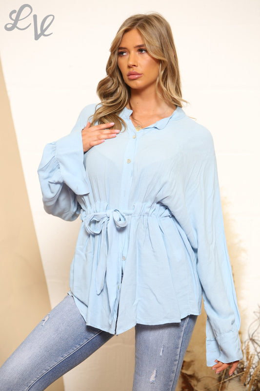 Ladies Tie Front Blouse Sky Blue