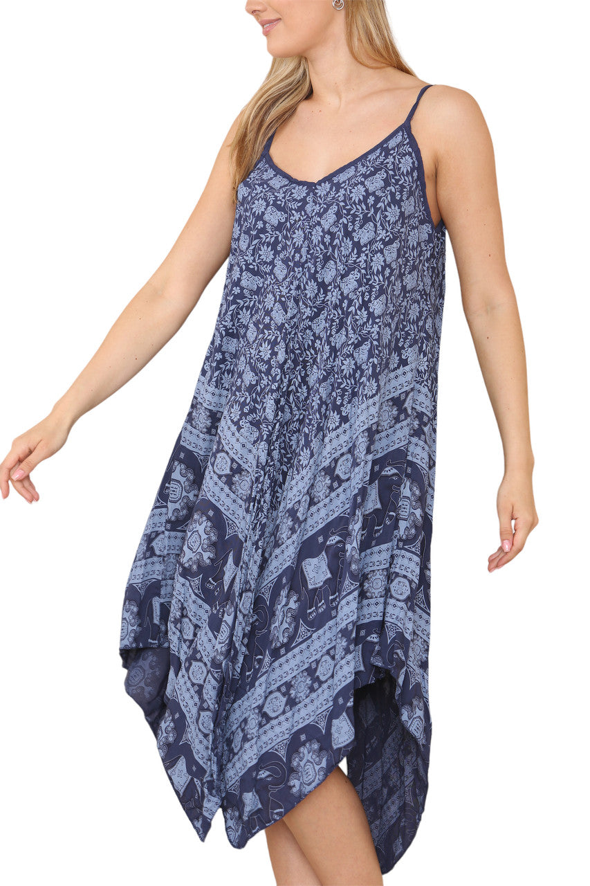 ELEPHANT HEM PRINT STRAPPY DRESS NAVY