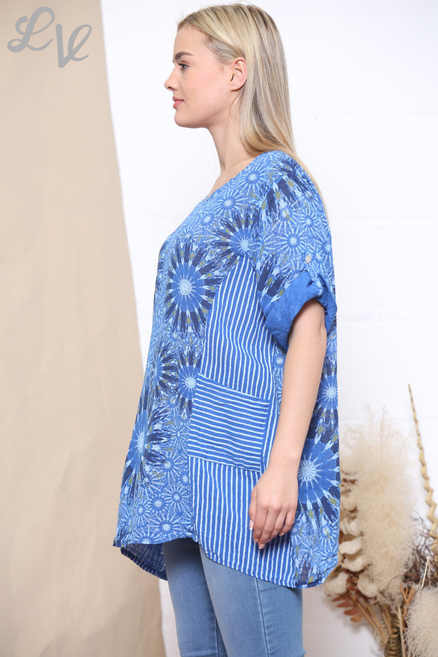 Ladies Firework & Stripe Print Top Royal Blue