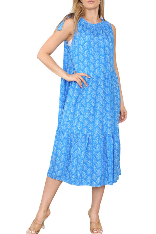 Ladies Tie Shoulder Leaf Print Sleeveless Dress Blue