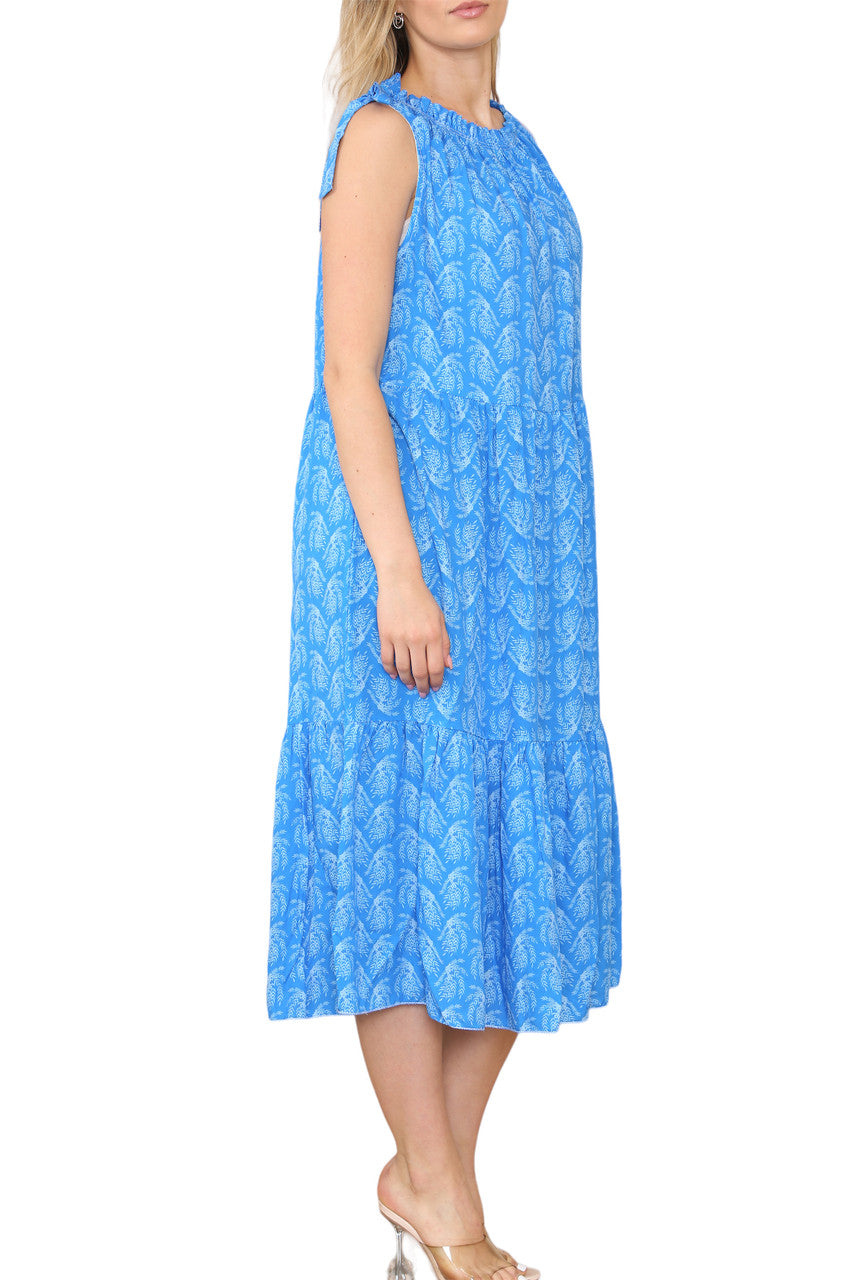 Ladies Tie Shoulder Leaf Print Sleeveless Dress Blue