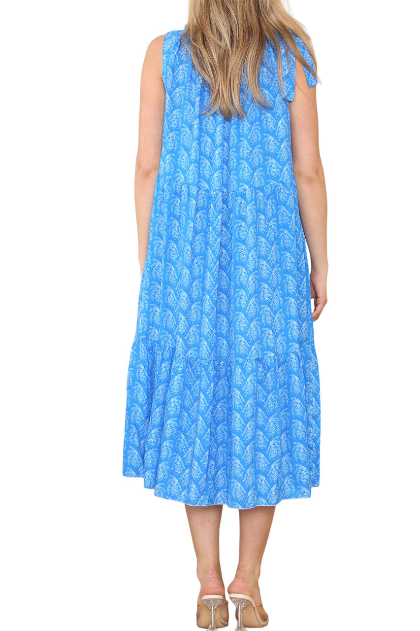 Ladies Tie Shoulder Leaf Print Sleeveless Dress Blue