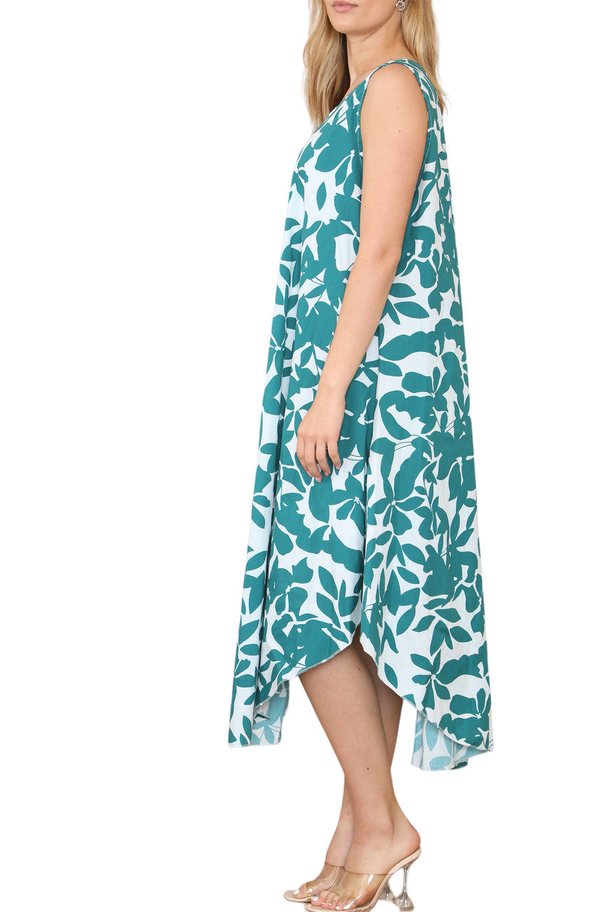 Ladies Floral Silhouette Sleeveless Dress Teal
