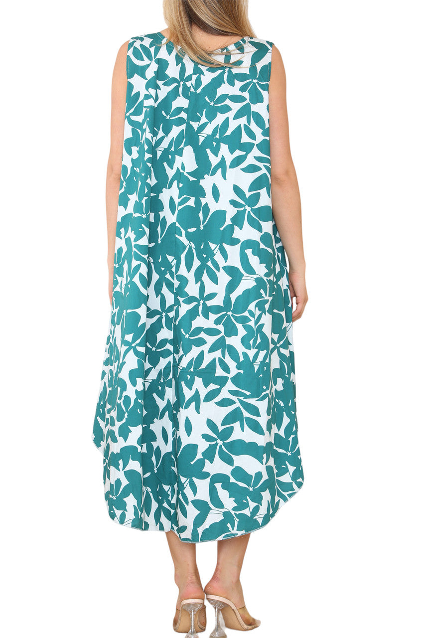 Ladies Floral Silhouette Sleeveless Dress Teal