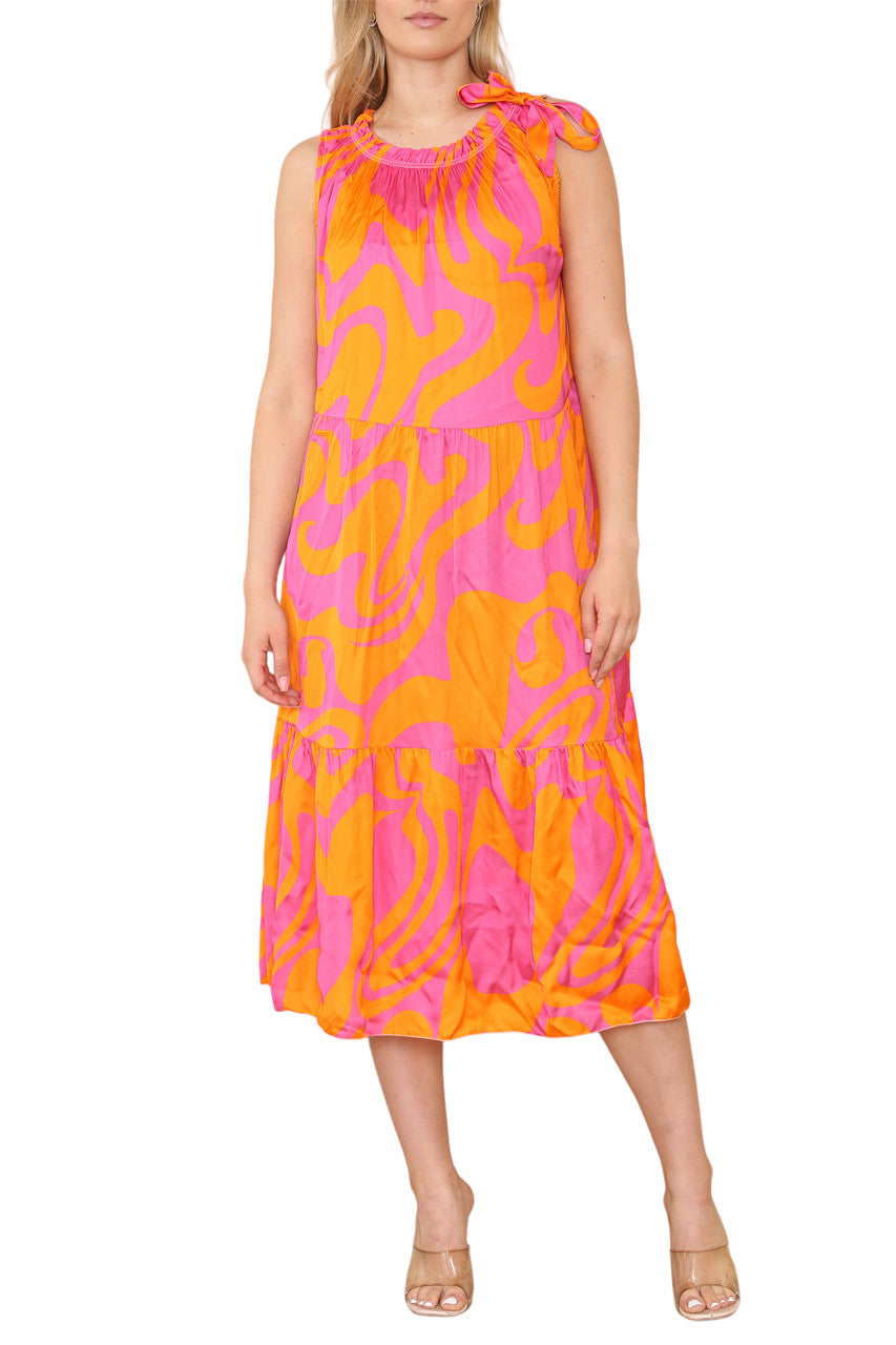 Ladies Tie Shoulder Abstract Print Sleeveless Dress Orange/Cerise