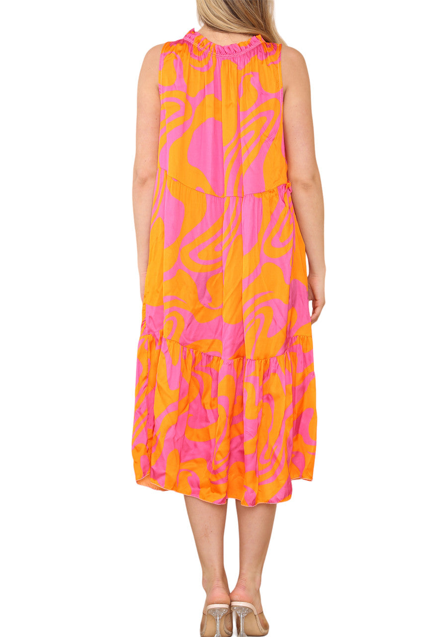 Ladies Tie Shoulder Abstract Print Sleeveless Dress Orange/Cerise