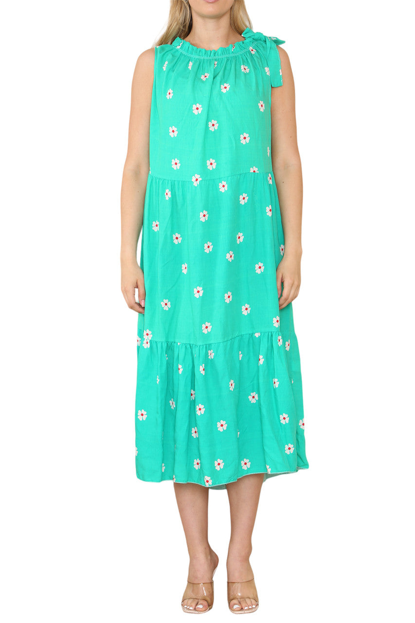 Ladies Tie Shoulder Floral Print Sleeveless Dress Jade Green