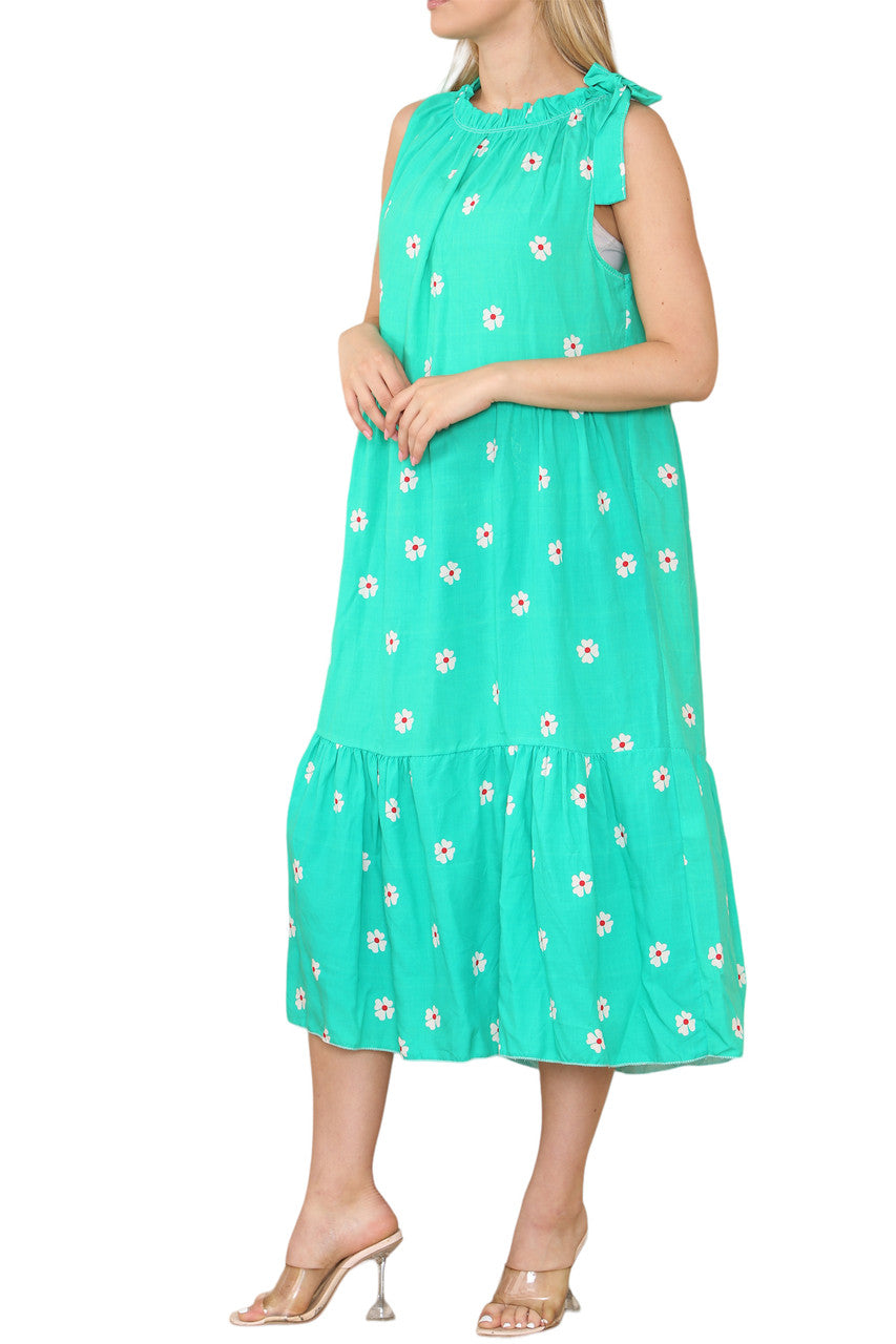 Ladies Tie Shoulder Floral Print Sleeveless Dress Jade Green