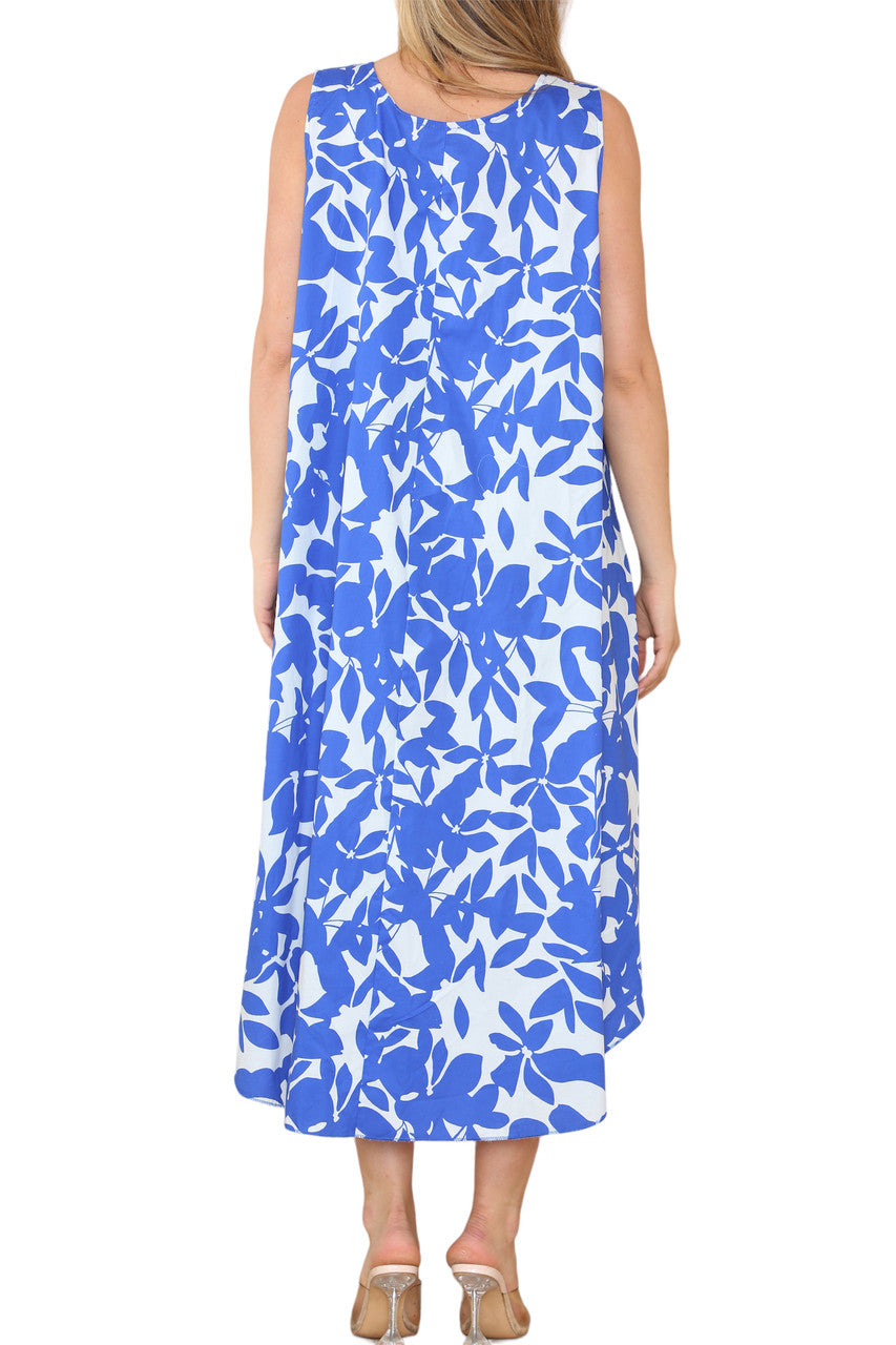 Ladies Floral Silhouette Sleeveless Dress Royal Blue