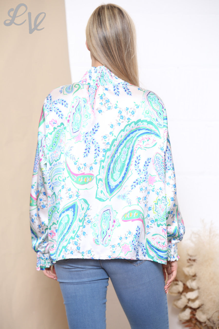 Ladies Multicoloured Paisley Print Gathered Neck Blouse Turquoise