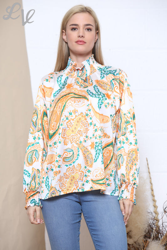 Ladies Multicoloured Paisley Print Gathered Neck Blouse Orange