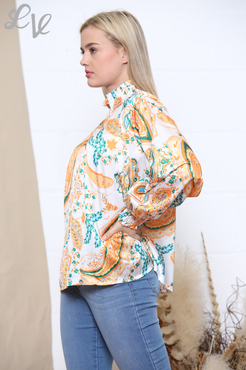 Ladies Multicoloured Paisley Print Gathered Neck Blouse Orange
