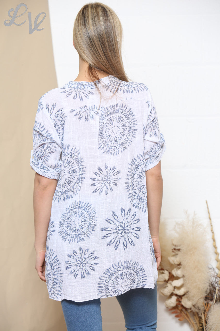 Ladies Tie Dye Firework Print Grandad Blouse White