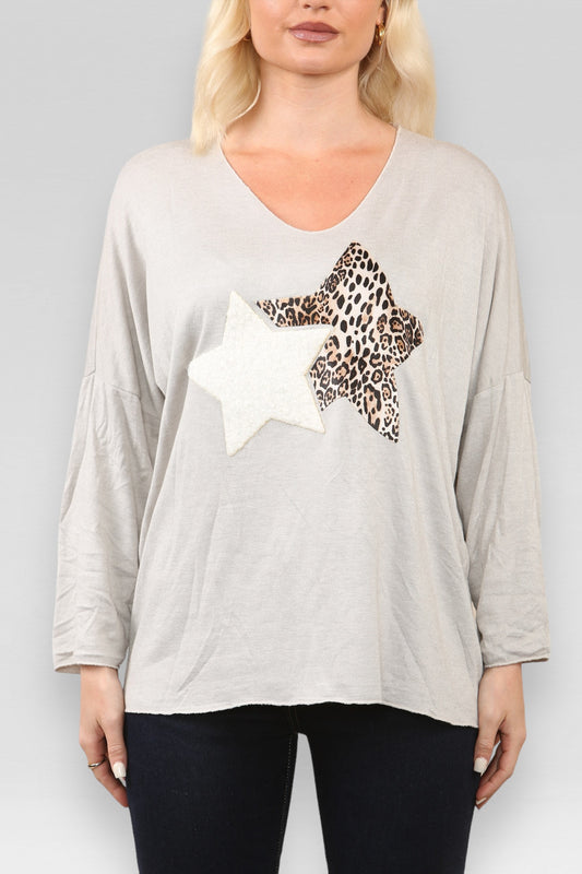 GESTRUCTUREERDE TRUI MET LEOPARDPRINT EN STER STEENKLEURIG