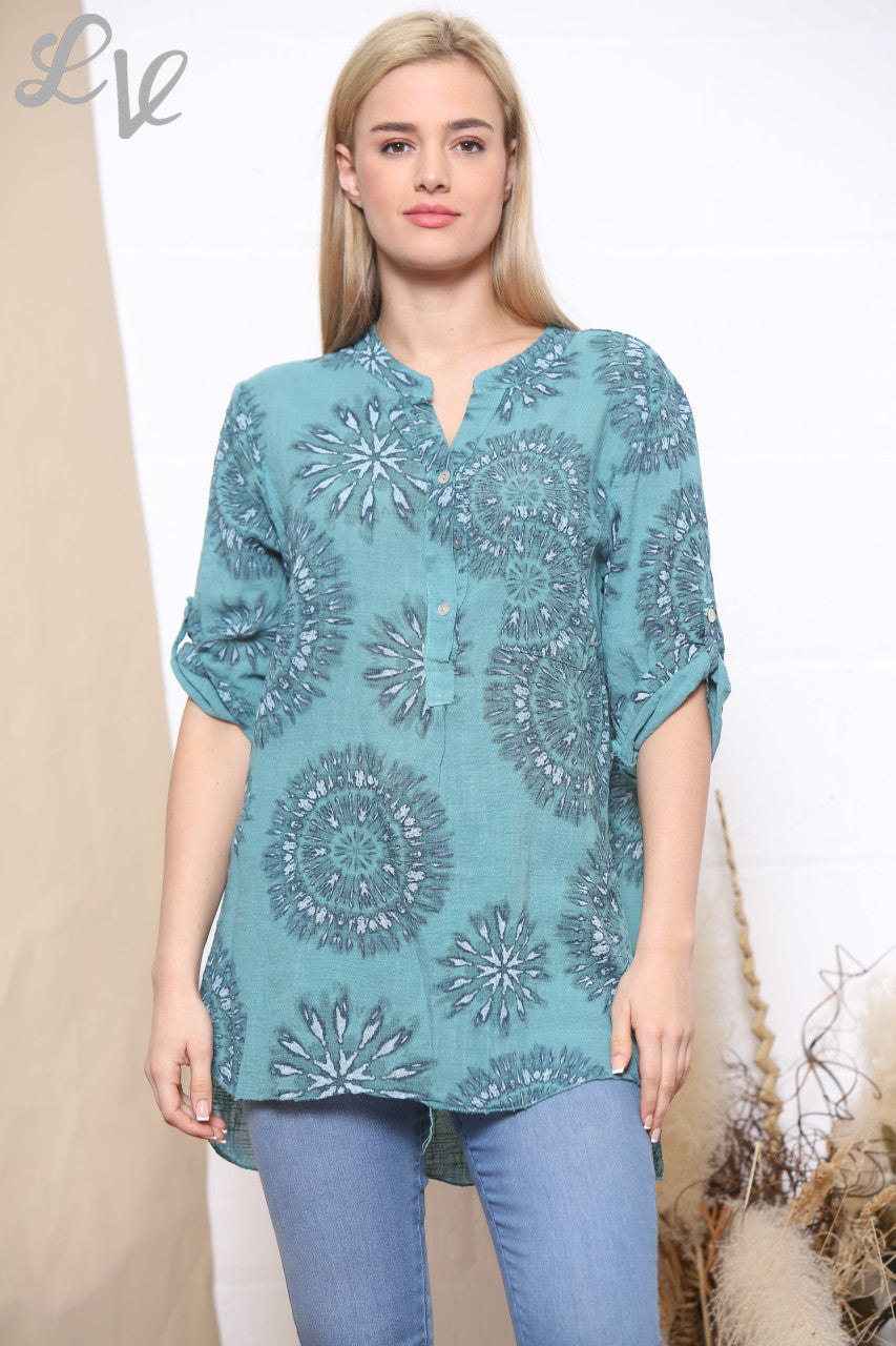 Ladies Tie Dye Firework Print Grandad Blouse Tiffany